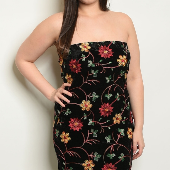 Floral Embroidered Velvet Strapless Dress - Picture 3 of 8